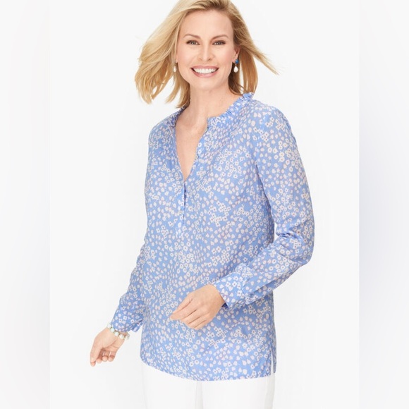 Talbots Women's Plus 2X Blue Floral Pintuck Long Sleeve Blouse Spring Cotton - Picture 1 of 11